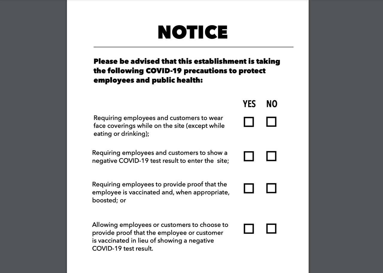 Uno de los carteles luce de esta manera. Se le pide al negocio notificar si se le pide a los clientes o empleados una prueba negativa de covid-19 o si pide que los empleados o clientes estén vacunados.