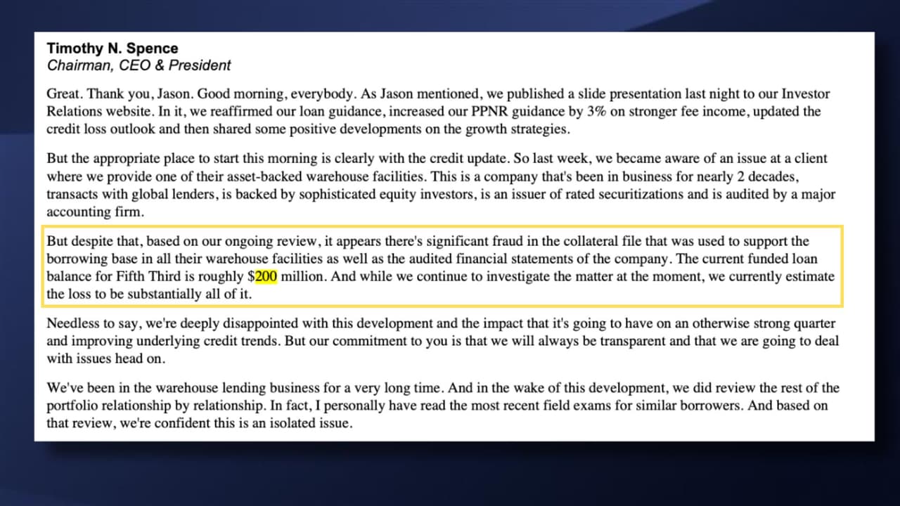 Fifth Third Bank descubrió un fraude en las garantías de un cliente y calcula que perderá casi 200 millones de dólares. El banco dice que es un caso aislado y que ya revisó al resto de sus clientes.