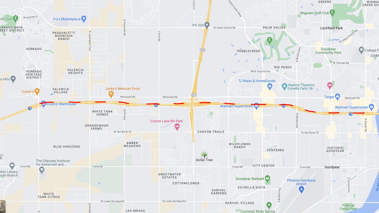 <b>I-10</b>
<br>La I-10 en dirección oeste se reducirá a uno o dos carriles por las noches del 8 al 12 de octubre, entre Dysart Road y Verrado Way en West Valley.
<br>
<br>Para conocer las condiciones de las carreteras en tiempo real puede visitar la página del 
<a href="https://www.az511.gov/" target="_blank">Departamento de Transporte de Arizona</a>, o llamar al 511