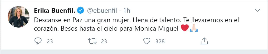 "Descanse en paz una gran mujer. Llena de talento. Te llevaremos en el corazón. 
<b><a href="https://twitter.com/ebuenfil/status/1293580803448934400" target="_blank">Besos hasta el cielo </a></b>para Mónica Miguel", escribió en Twitter.
<br>