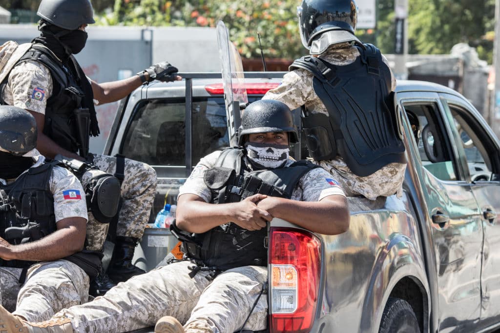 Police are seen during a protest against the government of President Jovenel Moise in Port-au-Prince on February 10, 2021.