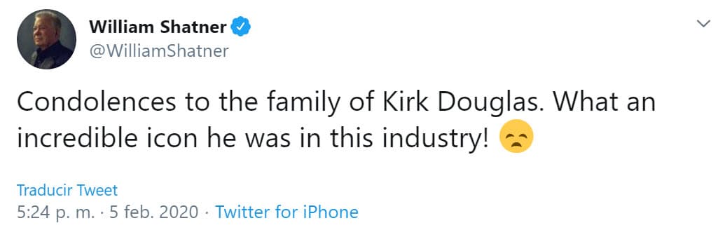 El actor William Shatner resaltó el talento de Kirk: "Condolencias a la familia de Kirk Douglas. ¡Qué ícono increíble fue en esta industria!".