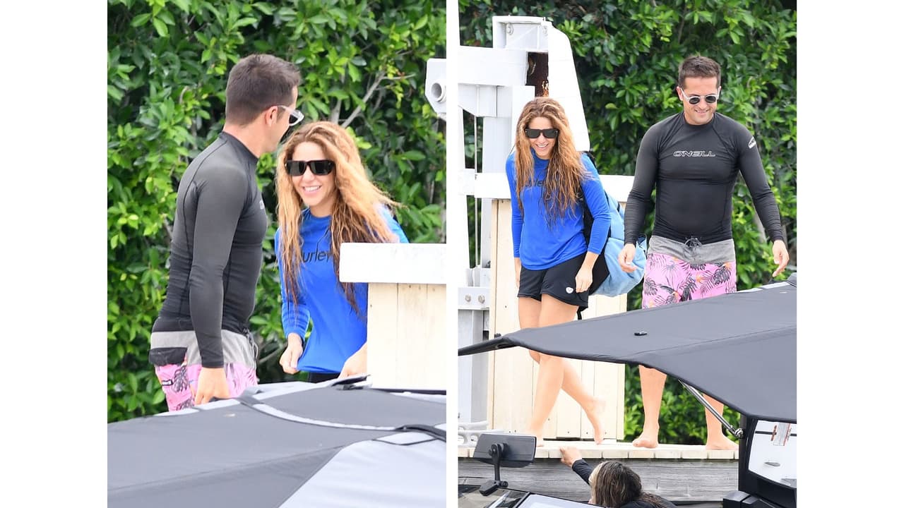 Shakira conversa con su instructor tras su sesión de esquí acuático.