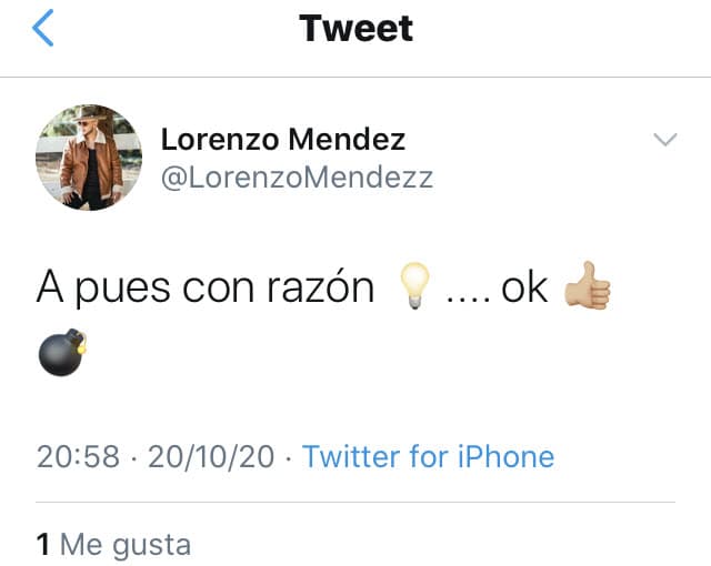 Por la noche, y sin mencionar a Mr. Tempo o a Chiquis, Méndez publicó
<b><a href="https://twitter.com/LorenzoMendezz/status/1318733320931274752" target="_blank">este tuit</a></b> en el que no quedó claro si se trataba de una respuesta velada al empresario tras lo que le mandó decir en México.
<br>