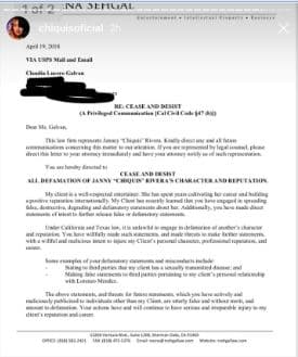 Además del correo enviado a Claudia Méndez, Chiquis Rivera adjuntó la carta que menciona y en donde le pide a su abogada que se haga cargo de que la exesposa de Lorenzo Méndez la deje en paz.