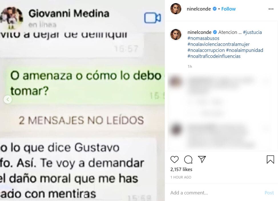 "La demanda por daño moral que voy a interponer en tu contra por los agravios que estás realizando en perjuicio de mi persona y mi patrimonio, 
<b><a href="https://www.univision.com/shows/primer-impacto/me-pidio-perdon-y-que-regresaramos-ninel-conde-sobre-giovanni-medina-video">vas a necesitar mucha energía y recursos para solventarla</a></b> porque lo que estás haciendo es un delito", se lee en uno de los mensajes que Medina le envió a Infante a través de una aplicación de chat.