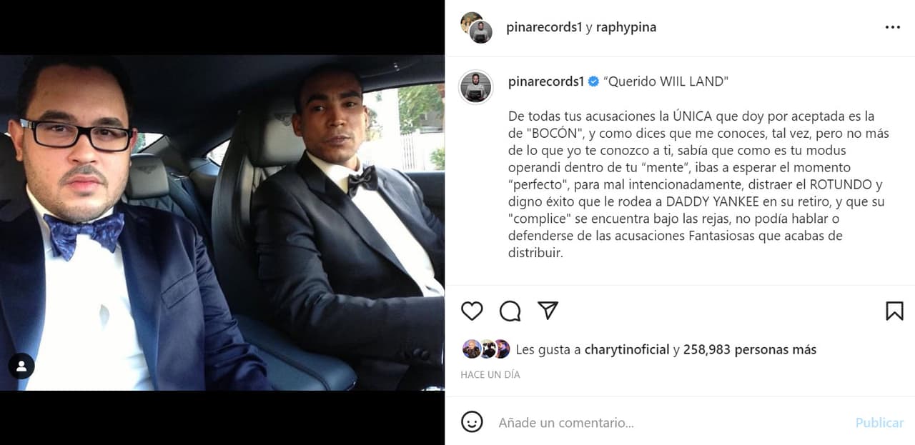 "De todas tus acusaciones 
<b>la única que doy por aceptada es la de 'bocón'</b>, y como dices que me conoces, tal vez, pero no más de lo que yo te conozco a ti", escribió Pina, quien actualmente se encuentra purgando una 
<b><a href="https://www.univision.com/famosos/francisca-y-otros-famosos-que-extendieron-su-apoyo-a-raphy-pina-y-natti-natasha-video" target="_blank">condena de 41 meses en una prisión</a></b> de Carolina del Norte.
<br>