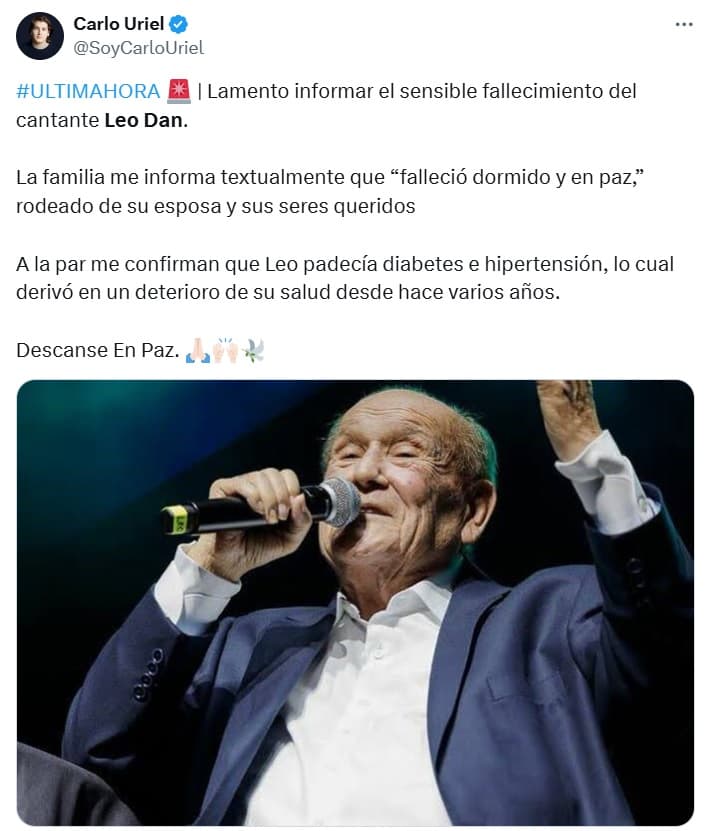 El periodista Carlo Uriel compartió detalles sobre la muerte y salud de Leo Dan.