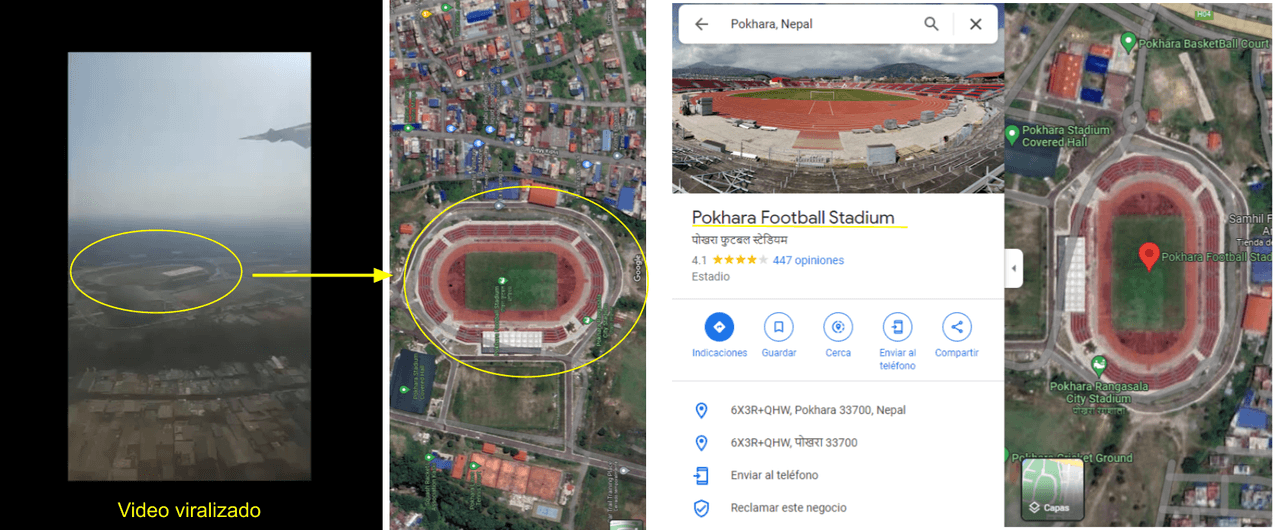 Geolocalización del estadio de fútbol de Pokhara hecha con imágenes satelitales provistas por Google Maps.