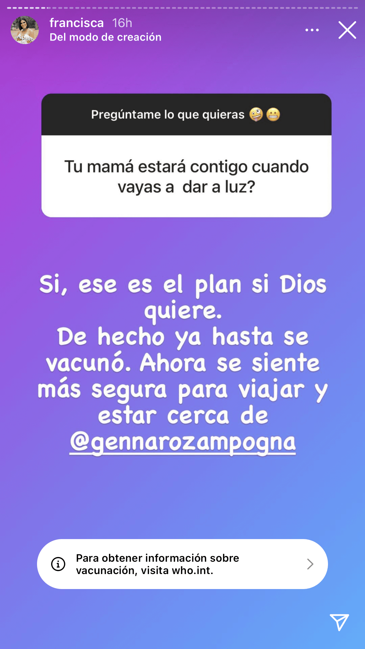 Uno de los puntos que ya quedaron esclarecidos es que
<b> <a href="https://www.univision.com/shows/despierta-america/aleluya-asi-fue-la-emotiva-reaccion-de-la-mama-de-francisca-cuando-le-dijo-que-estaba-embarazada-video" target="_blank">su madre, Divina Montero, estará con ella</a></b> durante el parto. Su mamá ya se vacunó contra el covid-19 y eso la hace sentirse más segura para estar con su hija en Miami durante ese día tan relevante.