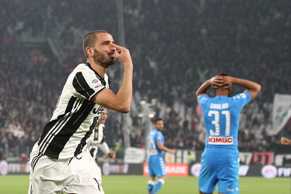 Juventus defender Leonardo Bonucci (19) celebrates after scoring his goal during the Serie A football match n.11 JUVENTUS - NAPOLI on 29/10/2016 at the Juventus Stadium in Turin, Italy. ( Photo by Matteo Bottanelli/NurPhoto via Getty Images)