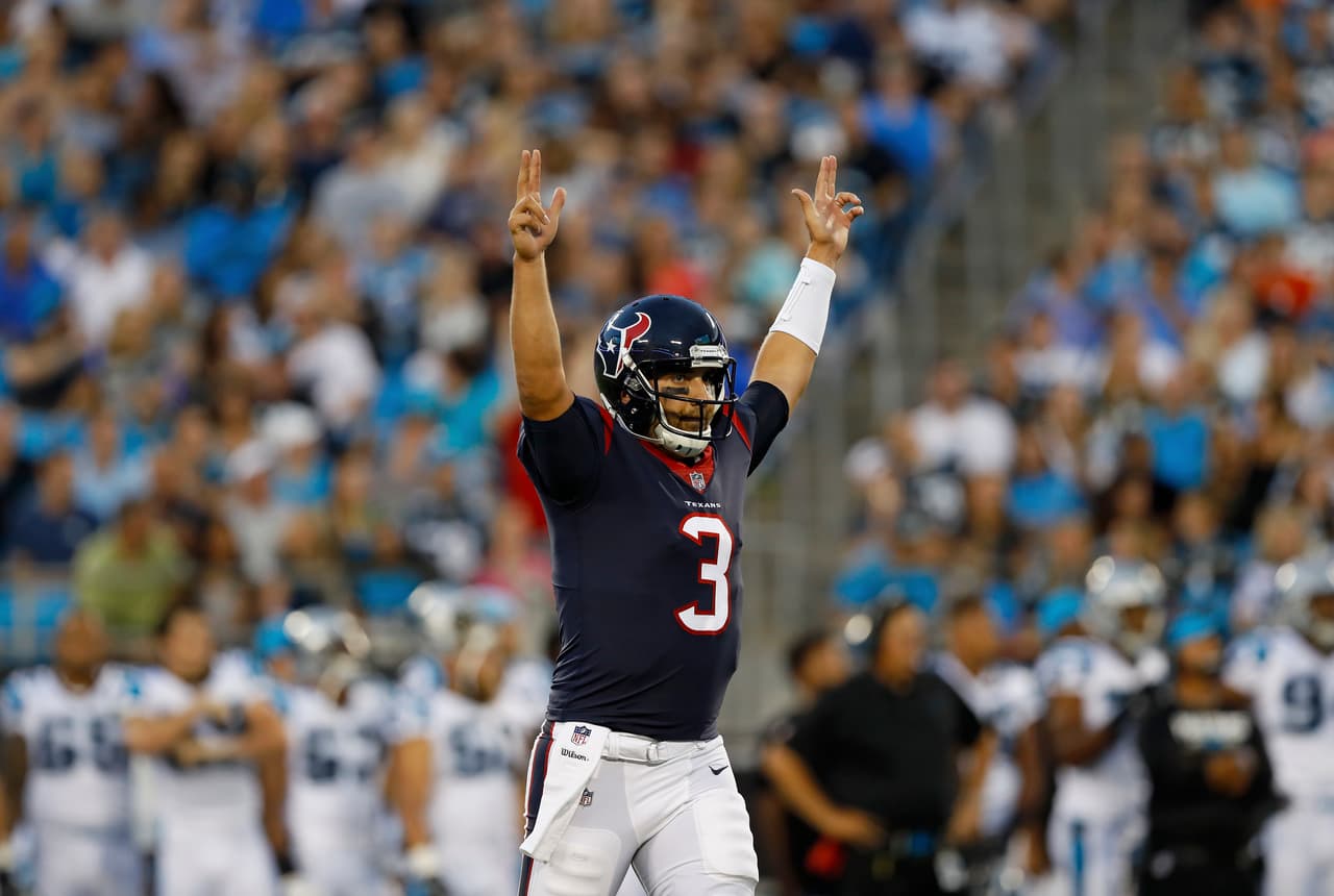 Houston Texans quarterback Tom Savage (3) celebrates after leading his team to a touchdown during an NFL preseason football game against the Carolina Panthers on Wednesday, Aug. 9, 2017, in Charlotte, N.C. Carolina won 27-17. (Aaron M. Sprecher via AP)
