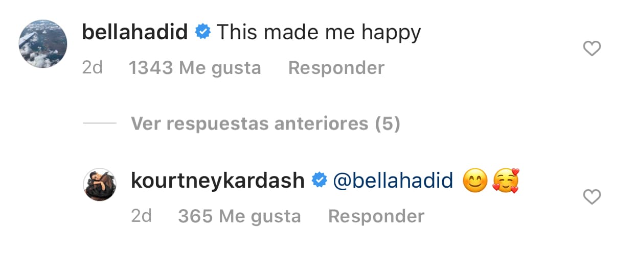 La modelo Bella Hadid apoyó a la mayor de las Kardashian y escribió: "Esto me hace feliz".