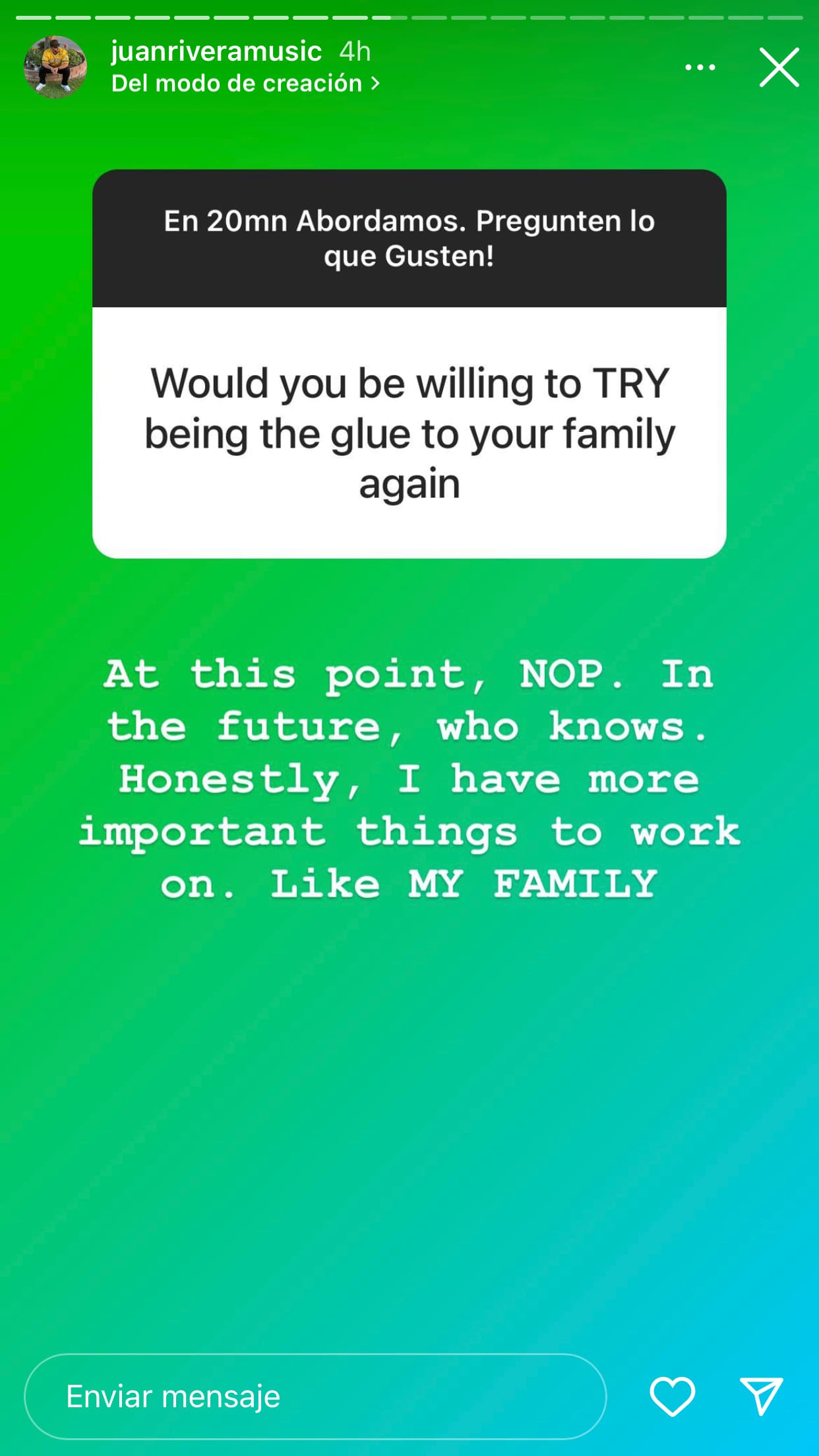 <b>"En este momento, no"</b>, contestó en inglés el también productor, "en el futuro, quién sabe. Honestamente, tengo más cosas importantes en que trabajar. Como en mi propia familia". 
<br>