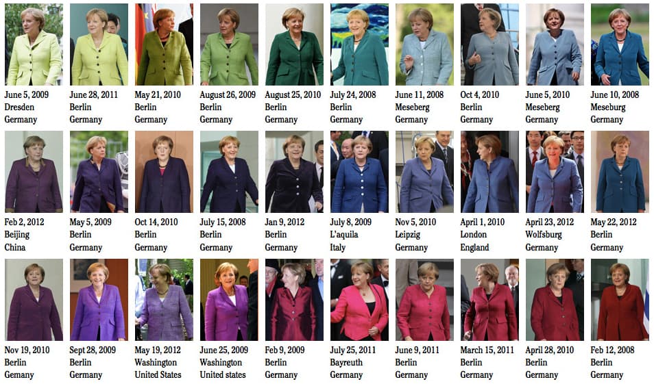 <b>2010 | Angela Merkel</b>
<br>Al igual que Hillary Clinton, otras líderes políticas son conocidas por su colección de infinitos pantsuits en todos los colores imaginables. La canciller alemana Angela Merkel tiene 
<a href="https://www.buzzfeed.com/copyranter/pantone-angela-merkel?utm_term=.rdK2e2O4a3#.cgXxjxMr7X">decenas de versiones del mismo traje en los tonos del arcoiris</a>, una elección estilística tomada para evitar que su apariencia haga sombra a sus labores políticas. 
<br>La vez que se puso un vestido con escote para una cena y fue duramente atacada sólo nos recuerda que todavía queda mucho por hacer contra la misoginia dirigida a las mujeres en el poder.