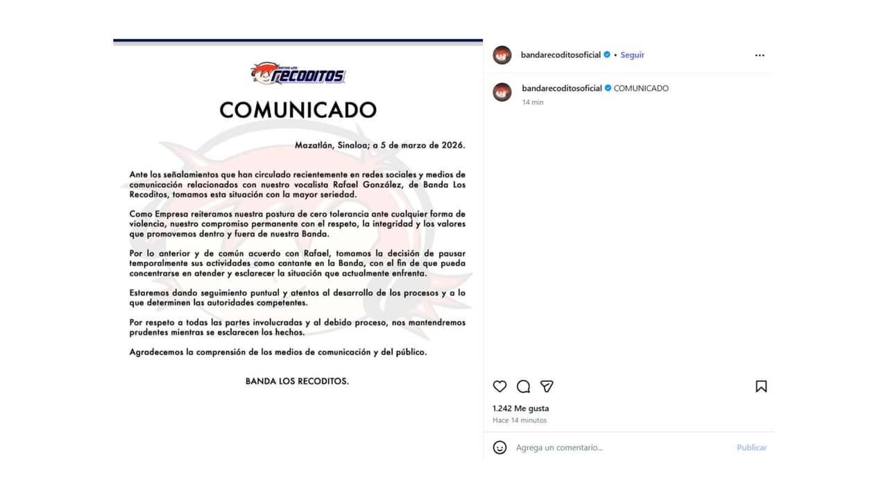 Banda Los Recoditos anuncian salida temporal de su vocalista.