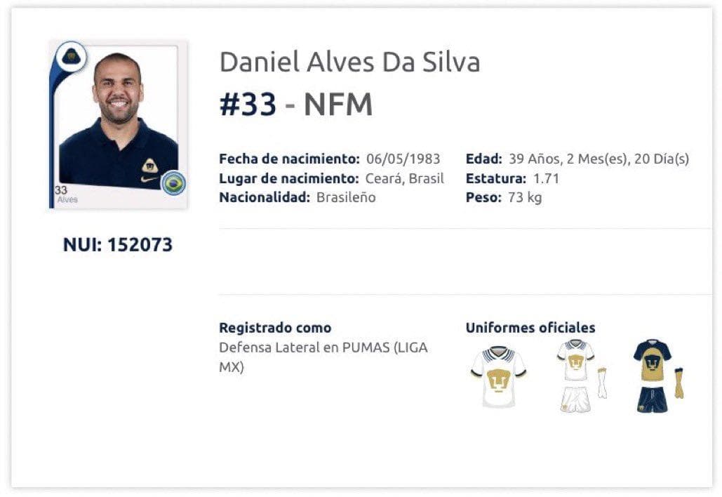 Dani Alves es registrado con Pumas y tendrá minutos ante Mazatlán FC
