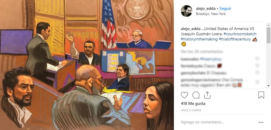 Los artistas que plasman momentos de los juicios, en esta ocasión incluyeron a Alejandro Edda en los dibujos.
<br>