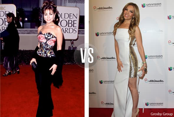 ¡Qué tiempos aquellos! Thalía fue a los Golden Globes de 1999 con un vestido negros y corset de rosas. Hoy en día la señora Mottola se viste con colores neutros y su aspecto es bien diferente.