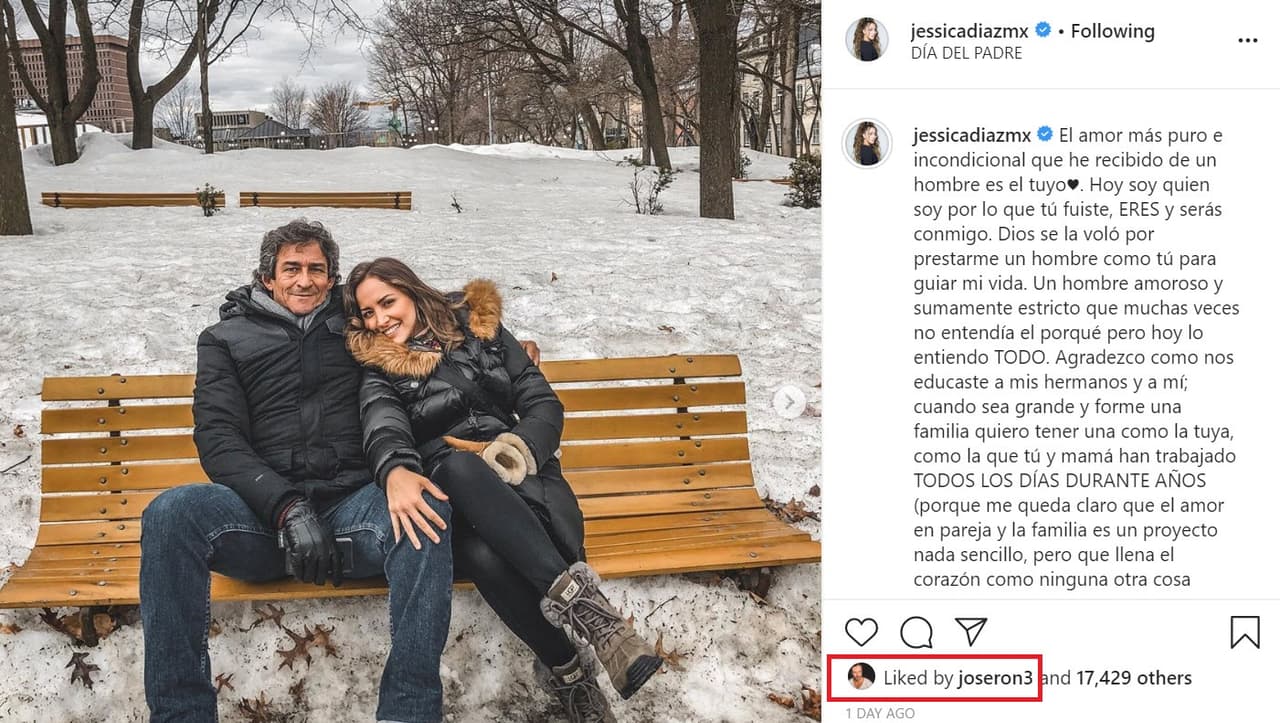 Por ejemplo, en 
<b><a href="https://www.instagram.com/p/CBtvWZfAVgq/" target="_blank">esta foto </a></b>que Díaz compartió junto a su papá el pasado domingo, 
<b><a href="https://www.univision.com/famosos/estos-son-los-famosos-que-por-fin-dejaron-ver-a-sus-padres-en-las-redes-sociales-fotos" target="_blank">Día del Padre</a></b>, Ron le dio 'me gusta'. 
<br>