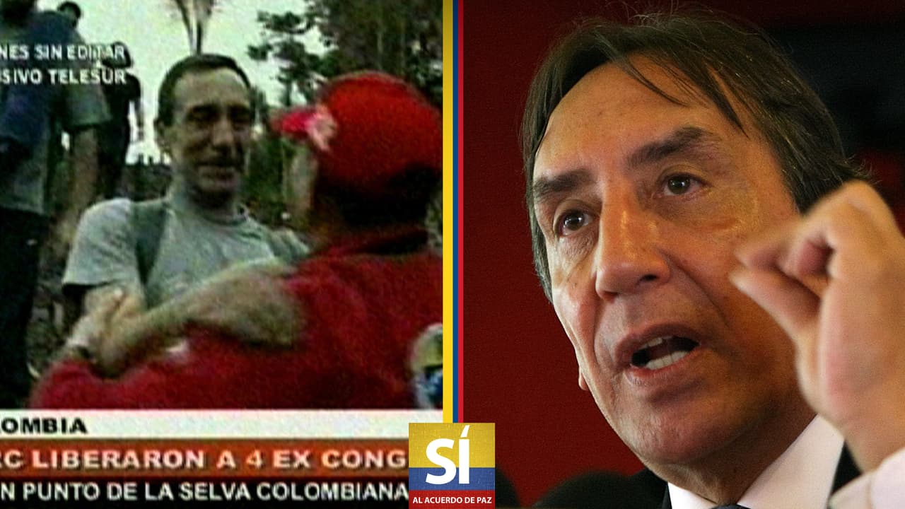 El día de su liberación (2008), y durante una conferencia de prensa en Bogotá (2010).