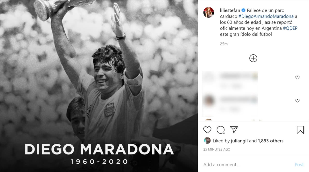 Lili Estefan lo describió como el
<b><a href="https://www.instagram.com/p/CIBX8YAHfxc/" target="_blank">"gran ídolo del fútbol”</a></b> al dar a conocer la noticia.