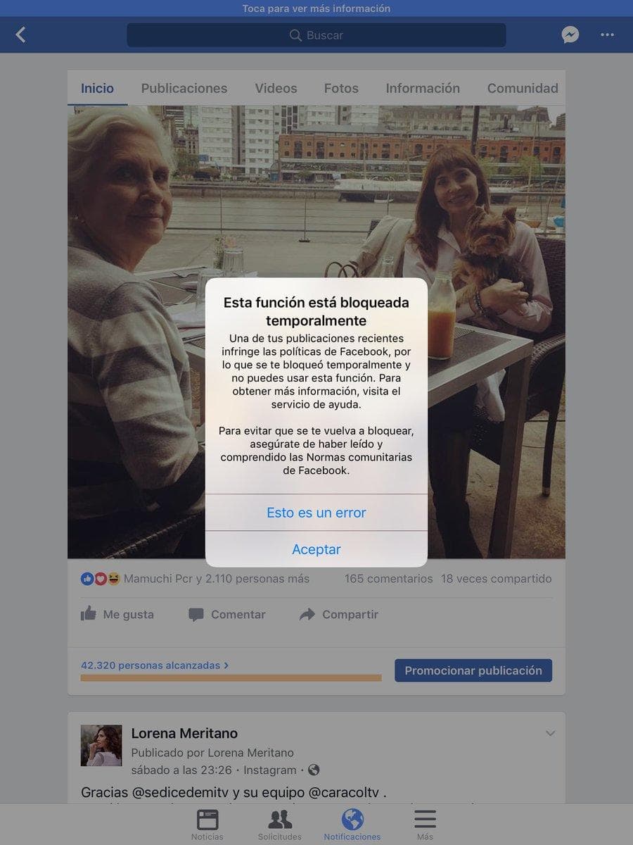 Lorena expresó su indignación cuando vio que la red social había bloqueado su cuenta después de que compartió un video donde mostraba sus cicatrices. "Mi Facebook Bloqueado. Me castigó Facebook por mostrar cicatrices en un programa @InformantesTV que compartí. Eso sí, culos y tetas sobran", fue lo que publicó Meritano junto a esta imagen.