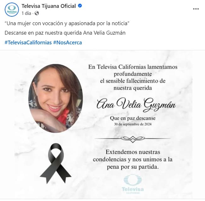 Televisa Tijuana anunció la muerte de la presentadora Ana Velia Guzmán.