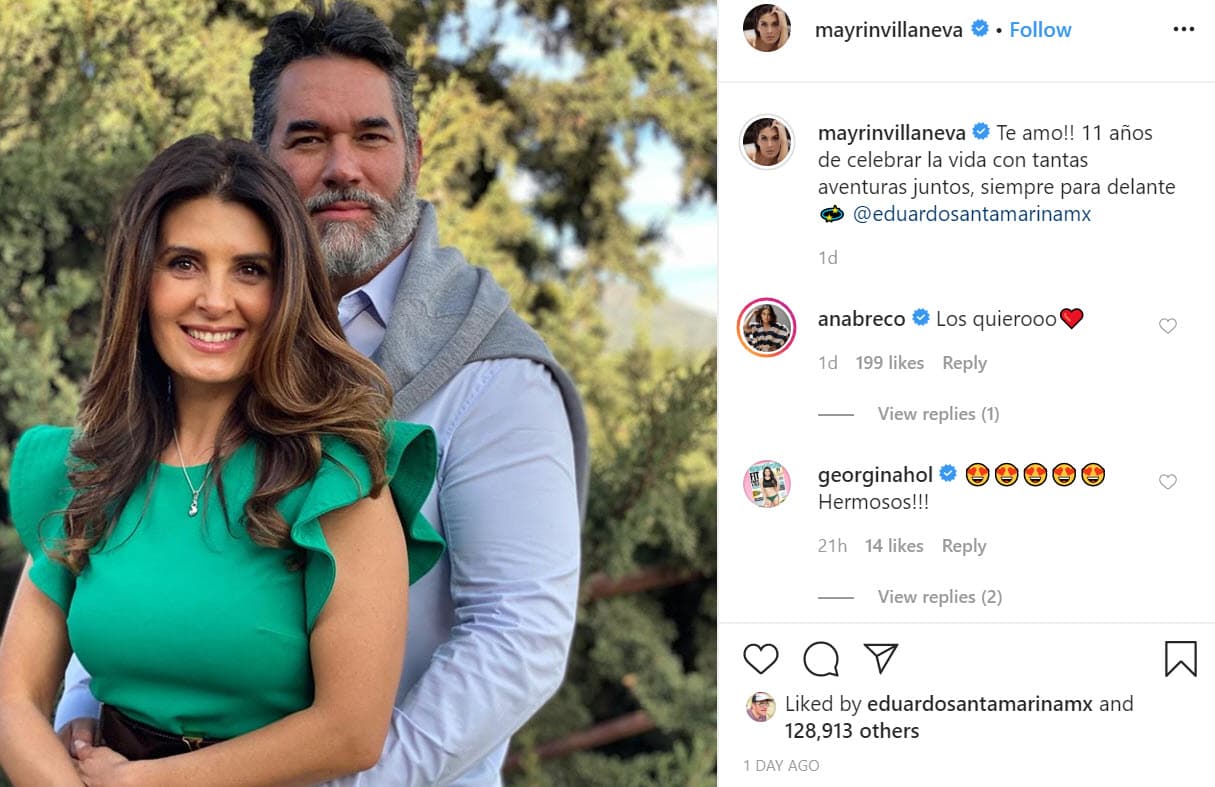 La actriz, de 49 años, lo festejó en Instagram publicando 
<b><a href="https://www.instagram.com/p/B9MrT9kpX1u/" target="_blank">esta fotografía:</a></b> "¡Te amo! 
<b><a href="https://www.univision.com/entretenimiento/mayrin-villanueva-y-eduardo-santamarina-todavia-estan-en-terapia-de-pareja-fotos" target="_blank">11 años de celebrar la vida</a></b> con tantas aventuras juntos, siempre para adelante". 
<br>