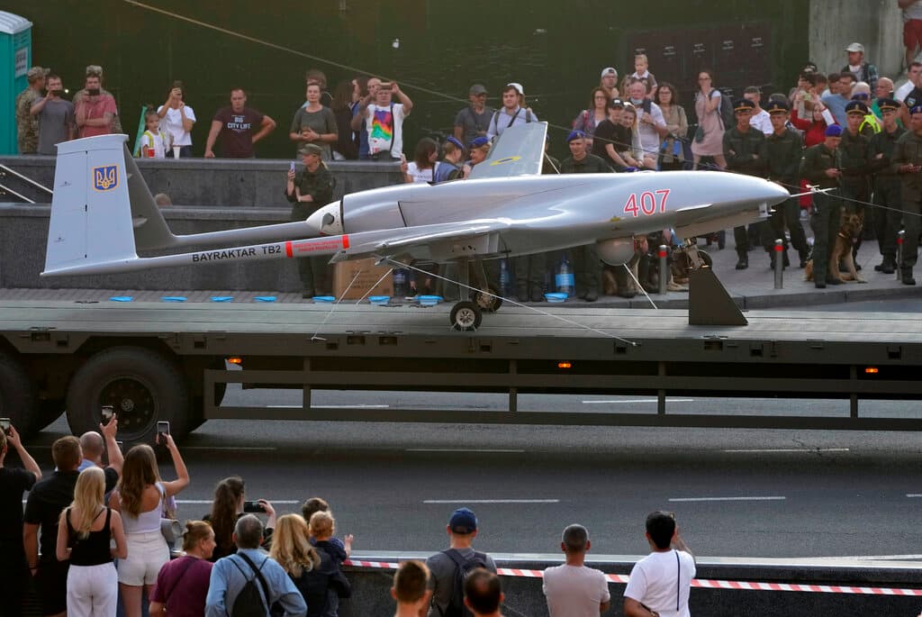 A Turkish-made Bayraktar TB2 drone is displayed during a rehearsal of a military parade dedicated to Independence Day in Kyiv, Ukraine, Aug. 20, 2021. The drones, which carry lightweight, laser-guided bombs, have carried out unexpectedly successful attacks in the early stages of Ukraine's conflict with Russia.