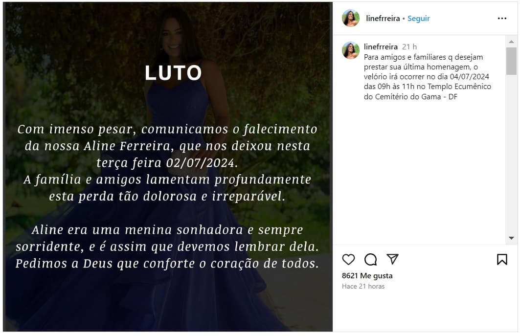 Anuncian la muerte de Aline Ferreira.