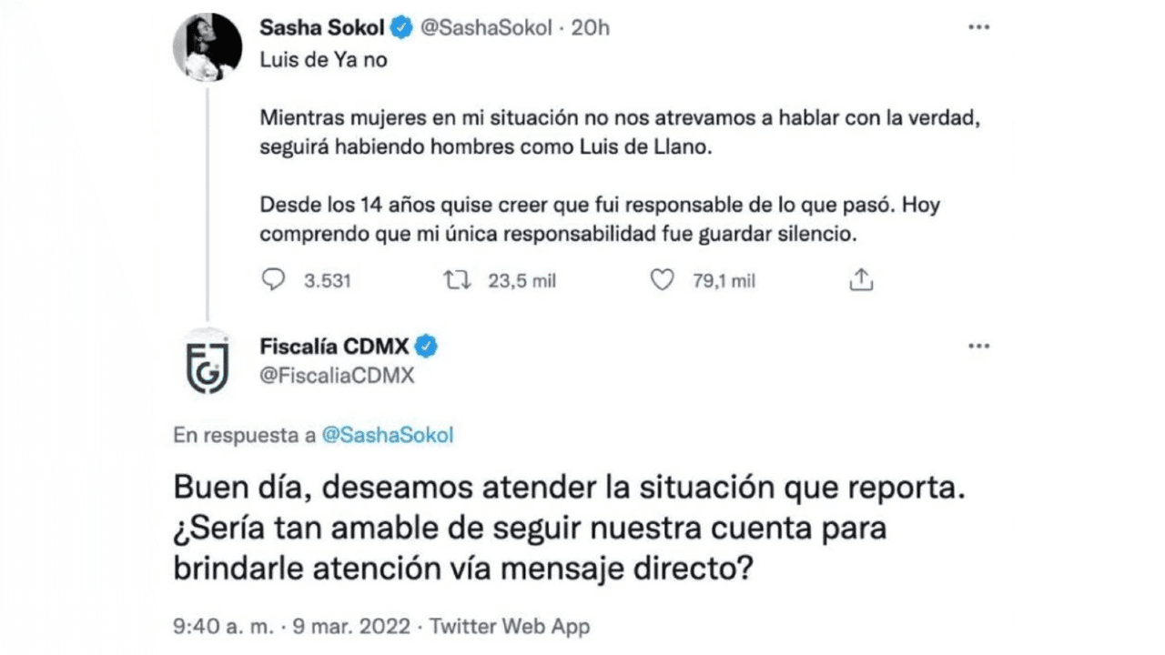 La Fiscalía ofrece apoyo a Sasha Sökol ante su denuncia de abuso.
