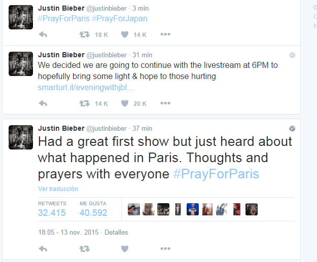 En la cuenta de Bieber aparecieron tres mensajes en los que se expresó con palabras de aliento para las personas afectadas.