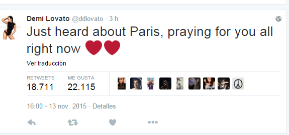 La cantante escribió: "Sólo escucho todo acerca de París, rezo por ti justo ahora", y acompañó el mensaje con un par de corazones.