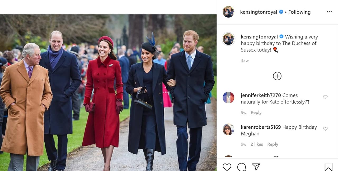 Por ejemplo, en el año 2019, ellos solo felicitaron directamente a Markle el 4 de agosto, fecha en que 
<b><a href="https://www.univision.com/famosos/meghan-markle-cumple-38-anos-y-el-principe-harry-se-luce-al-felicitarla-en-instagram-fotos" target="_blank">cumplió 38 años</a></b>. Cuando nació Archie Harrison solo hicieron un 'repost' del anuncio que apareció en la cuenta de los Sussex. 
<br>