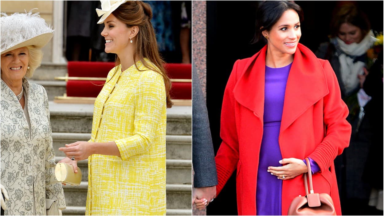 Para eventos de día menos formales, las duquesas usaron en ocasiones colores llamativos que resaltaban sus abultados vientres. Kate ha desfilado por los jardines de Buckingham enfundada en amarillo. Por su parte, Meghan llamó la atención con una atrevida combinación en morado y rojo.
