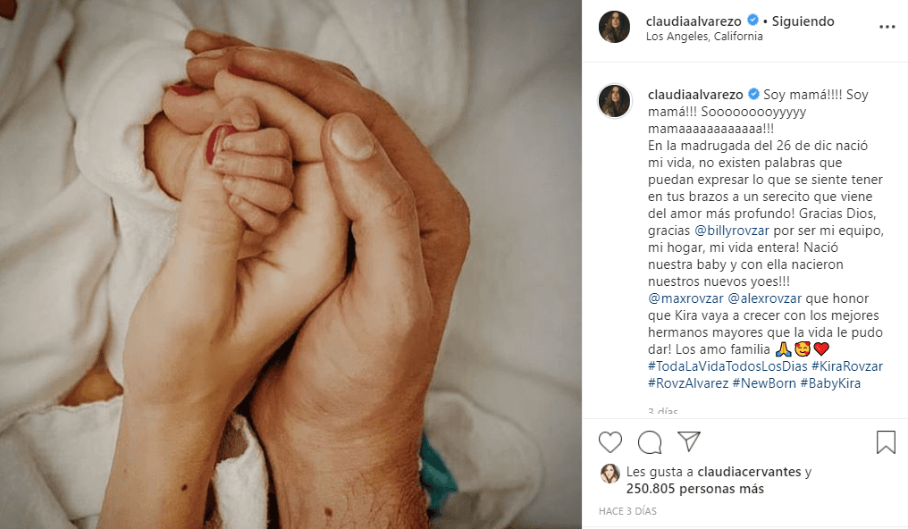 La actriz de ‘Simplemente María’ y ‘Dos hogares’ comunicó la feliz noticia con una imagen donde se aprecian las manos de ella, su esposo y la de su recién nacida.