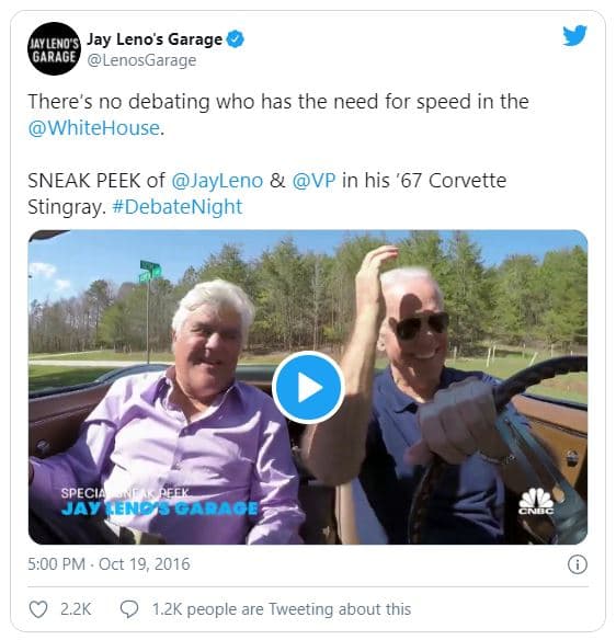 De hecho, en el 2016, Biden también fue beneficiario de un permiso como este, cuando se tomó un breve descanso de sus obligaciones para conducir y salir quemando los neumáticos de su venerado Corvette con Jay Leno a su lado.