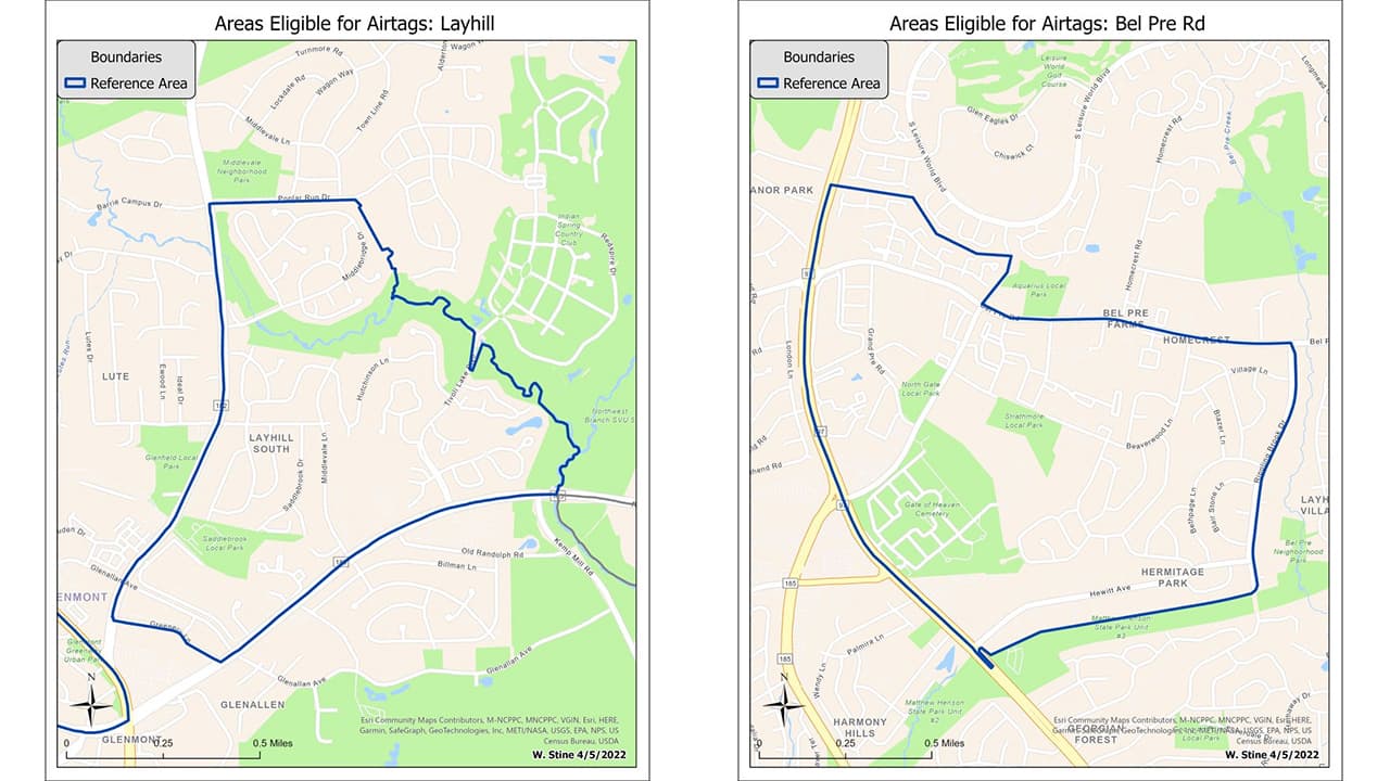 Zonas seleccionadas para el programa en Layhill y Bel Pre Road.