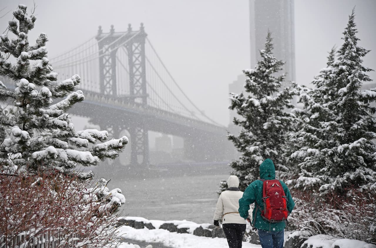 La fuerte nevada cubre los árboles de Nueva York. Al fondo el puente de Manhattan.