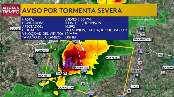 Aviso por tormenta severa hasta las 3 de la tarde: Incluye parte de los condados Ellis, Hill y Johnson. Ráfagas de viento hasta 60 MPH y granizo hasta una pulgada.