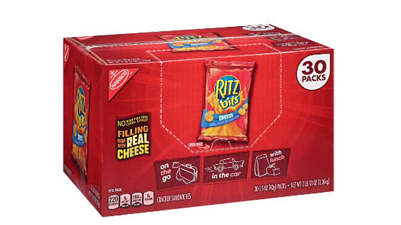 RITZ BITS CHEESE - Pack de cartón de 30
<br>Código de producto (UPC) 0 44000 01309 7
<br>Vencimiento: entre 3 de marzo y 13 de abril de 2019