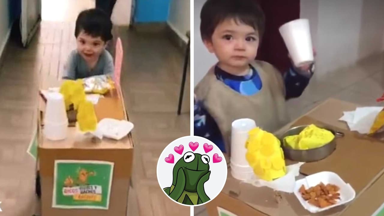 Niño juega a vender antojitos mexicanos en carrito de cartón: "Prepáremelo por favor"