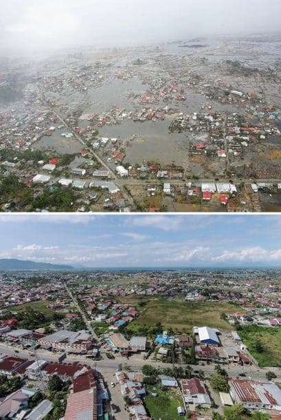 Una vista aérea tomada desde un helicóptero muestra cómo quedó la bahía de Banda Aceh, que fue la ciudad más cercana al epicentro.