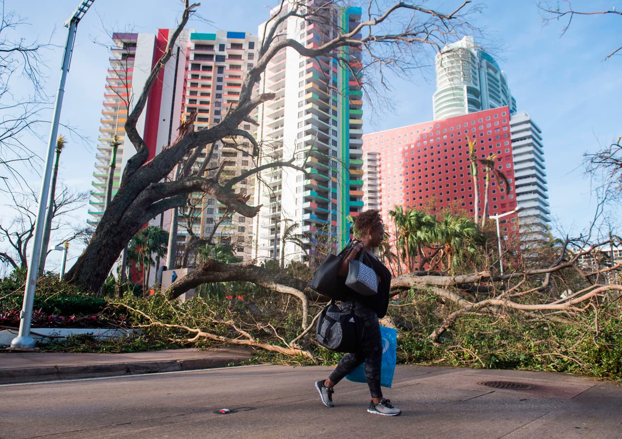 Se reportaron al menos dos millones de usuarios con cortes de electricidad en el estado, poroc a poco algunos hogares recuperaron el servicio. En la imagen, Estrella Palacios camina a través de los árboles derrumbados por el huracán Irma en Brickell Avenue, en centro financiero de Miami.
