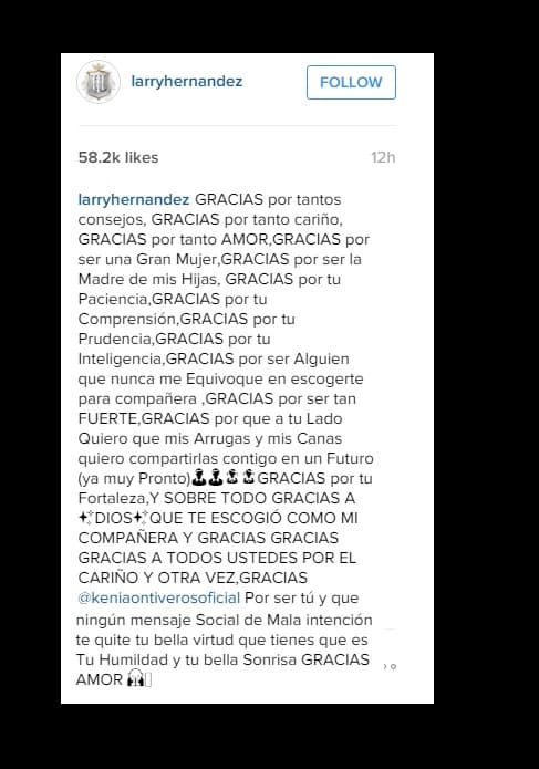 Con estas palabras, Larry agradeció a su novia Kenia por todo el apoyo que vivió mientras estuvo en prisión.