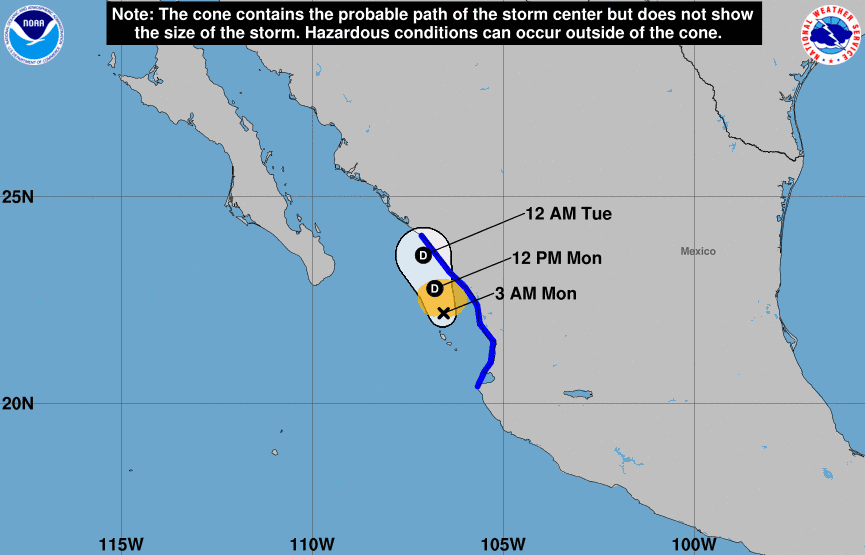 Gráfico con la trayectoria de la tormenta tropical Pilar sobre la coste oeste de México
