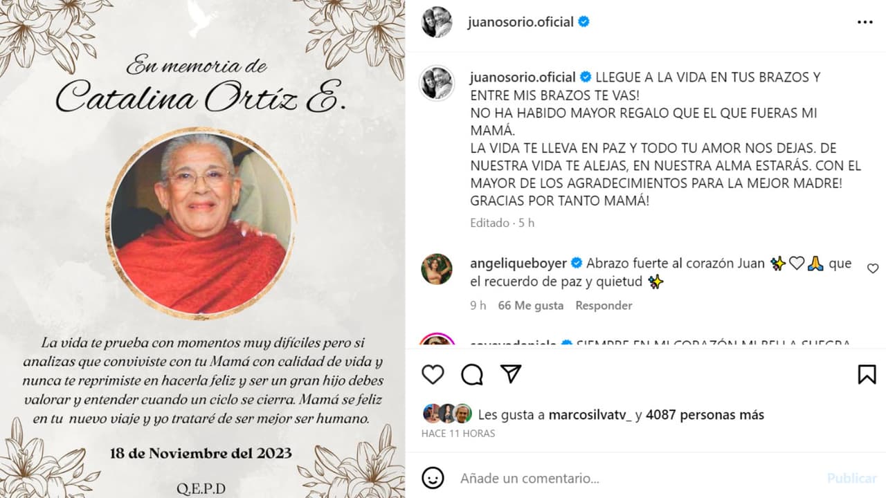 Juan Osorio confirmó que el deceso de su madre ocurrió el pasado 18 de noviembre.