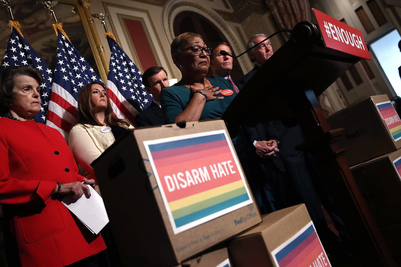 A cuatro días de la masacre de Orlando, donde murieron 49 personas, Sharon Risher, hija de Ethel Lance, y prima de Susie Jackson y Tywanza Sanders, asesinadas en el ataque de Charleston, habla en una conferencia de prensa llevada a cabo por los senadores demócratas en Washington. Exigen que el congreso actúe sobre una legislación que evite este tipo de ataques.