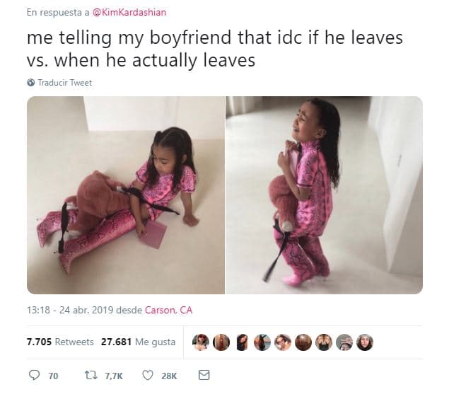 Además de convertir la foto de North en divertidos memes que también están invadiendo Twitter: “Yo cuando le digo a mi novio que no me importa que se vaya vs. cuando se va de verdad”.